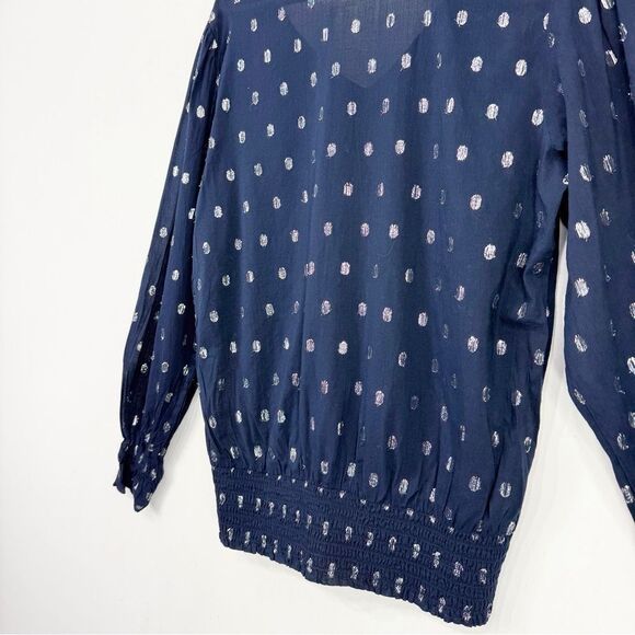 Ann Taylor Factory Navy Blue Silver Metallic Polka Dot Lightweight V Neck Blouse - Picture 10 of 15